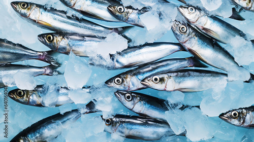  Fresh sardines on ice. Seafood background. Generative AI © AngrySun