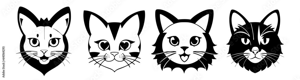 Set cats with different faces are shown in black and white, line art, vector art, international typographic style. Cartoon avatar.