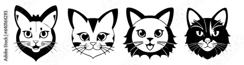 Set cats with different faces are shown in black and white, line art, vector art, international typographic style. Cartoon avatar.