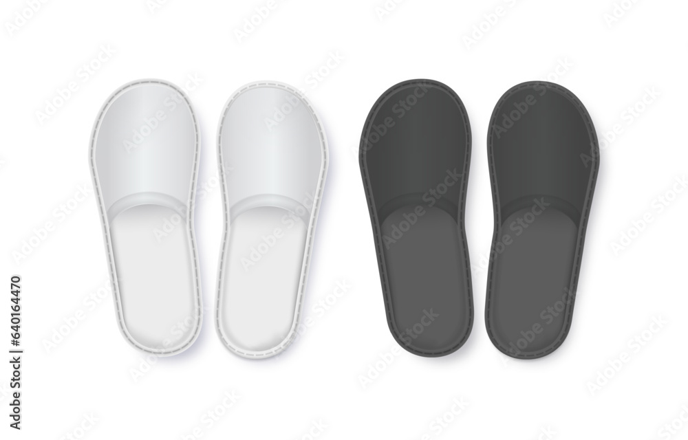 Realistic White and Black Detailed Hotel Slippers on White Background. Comfortable Footwear. Vector Realistic White and Black Detailed Hotel Slippers on White Background. Comfortable Footwear. Vector