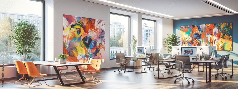 Modern shared office with large windows, comfortable furniture and colorful paintings for coworking, banner