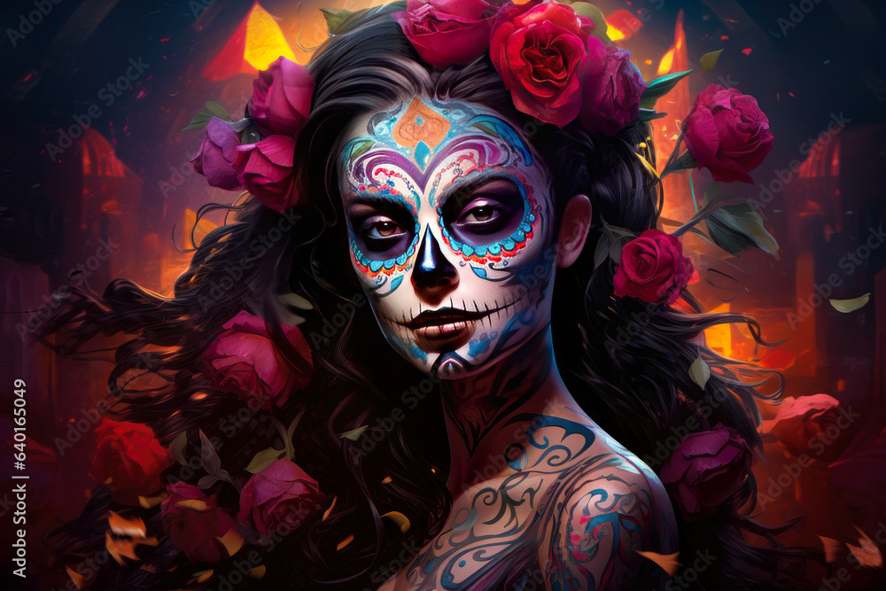 Day of the Dead festival. Mexican woman with sugar skull makeup and art decoration with flowers. Halloween holiday.