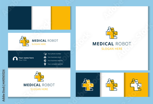 Medical robot logo design with editable slogan. Branding book and business card template.