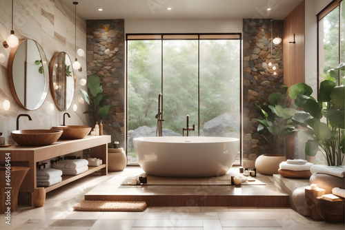 modern contemporary bathroom with tropical style garden view 3d render overlook nature view