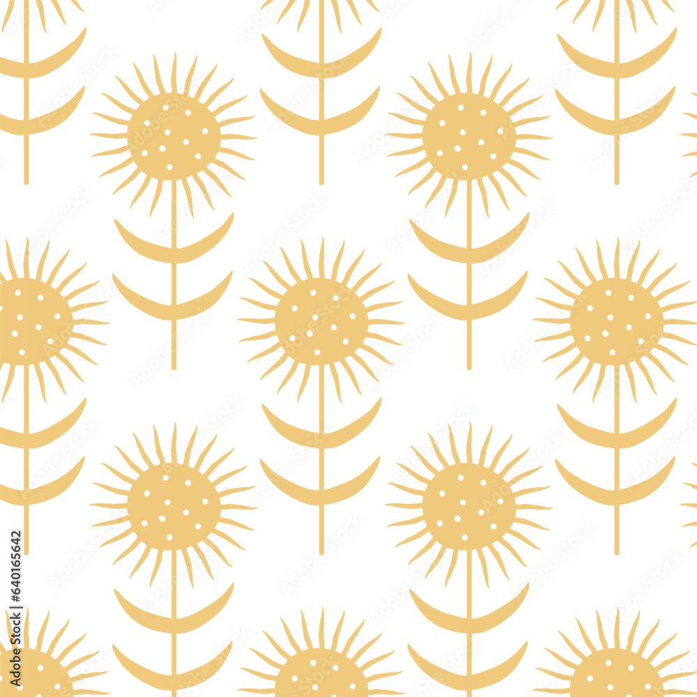 Fototapeta premium Seamless pattern with sunflowers on white background. Decorative background. Print for wrapping, fabric, background, wallpaper