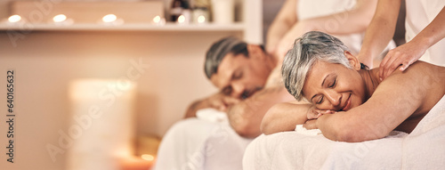 Relax, massage and space with old couple in spa for vacation, luxury and beauty salon. Peace, wellness and holiday with senior woman and man in hotel for retirement, oil treatment and mockup banner