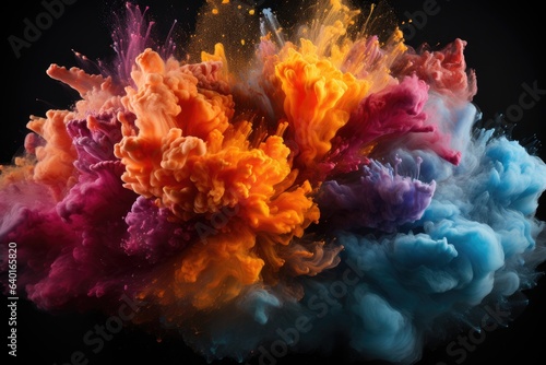 Kaleidoscopic Burst: The Harmonious Dance of Vibrant Powder Blooms on a Deep Black Canvas