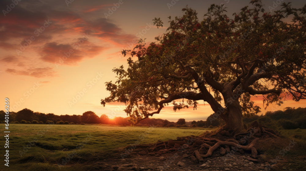 Sunset Orchard: Apple Tree in Evening Light