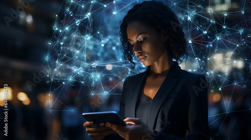 A businesswoman holding a tablet and looking at a virtual blockchain network with data fields floating around.