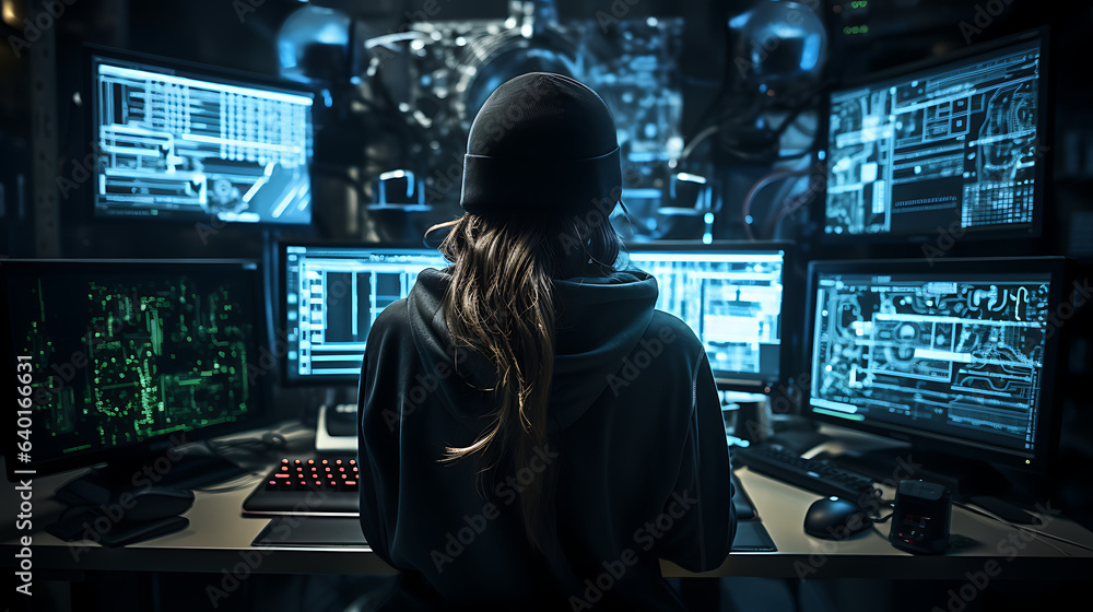 Female hacker working in a computer - shot from behind, blue colors. Hacking, hacker, girl. Female hacker working in a computer - shot from behind, blue colors. Hacking, hacker, girl.