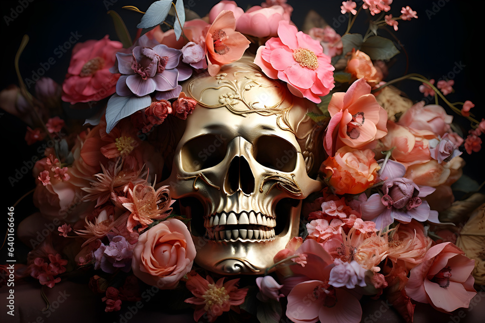 Golden Skull Surrounded by Rosey Flowers, Abstract Digital Render