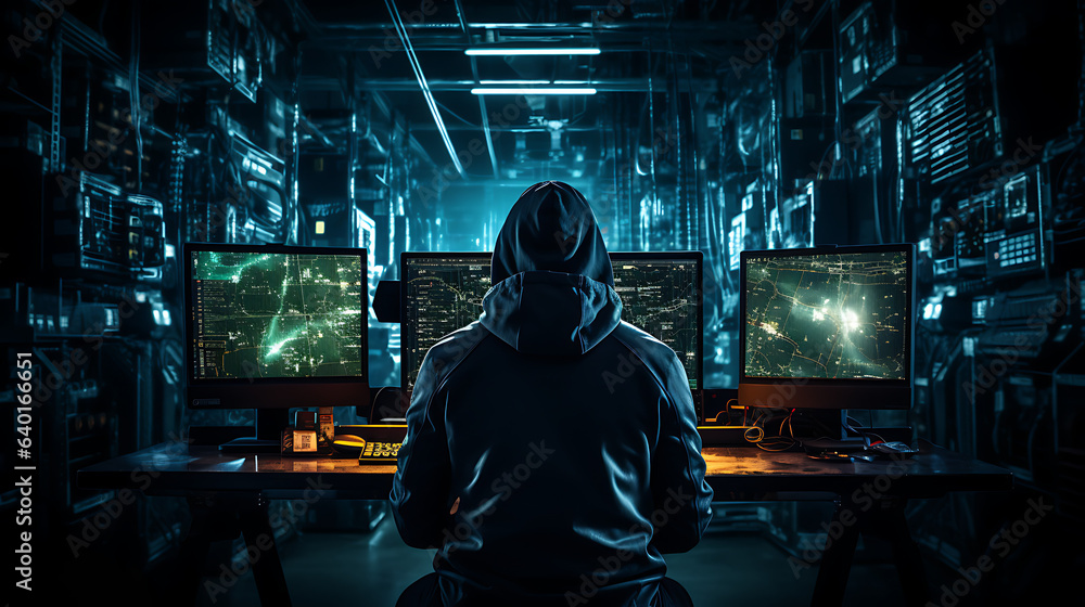 Secret hacker working in a computer - shot from behind, blue colors. Hacking, hacker, hoodie