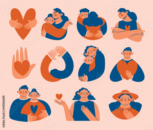 National hugging day. Big set of simple modern clip arts with cute persons, people, friends, mother and child, lovers, co-workers. Togetherness, friendship, motherhood, love concept. Hugs, embrace.