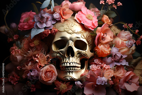 Golden Skull Surrounded by Rosey Flowers, Abstract Digital Render photo