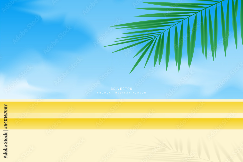 Abstract realistic 3D yellow pedestal podium stairs ladders, clouds, blue sky and coconut palm leaf. 3D vector geometric platform design. Stage for show product, cosmetic. Minimal scene for mockup
