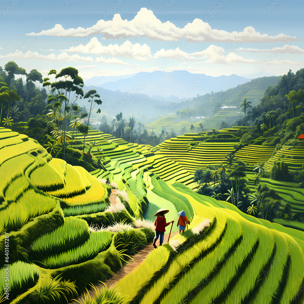 Illustration of the beautiful view of traditional rice terraces
