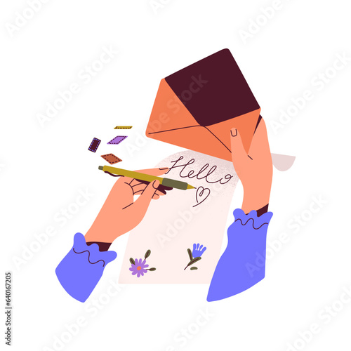 Hands hold envelope and write letter. People communicate with paper mail, postal message, lettering note, person send love missive, long distance friendship. Flat isolated vector illustration on white
