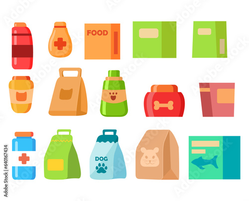 Domestic dog food.Set pet dog food can.Canned food pet.Pet meal cat.Isolated on white background.Medicines for dogs and cats.Veterinary medicine. Vector realistic illustration.Food for aquarium fish.