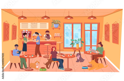 Fototapeta Naklejka Na Ścianę i Meble -  Pet-friendly coffee shop cute dogs.People eat and talk together.Lunch meeting drinking coffee.Restaurant pet friendly.The barista makes coffee.Coffee machine and cups.Remote work laptop.Vector flat.