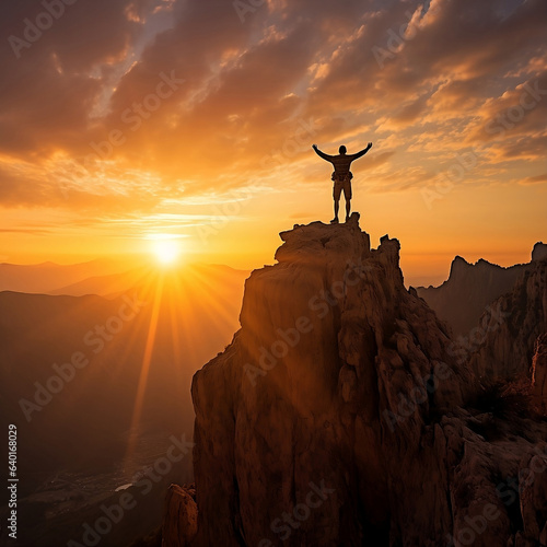 Triumphant Man Standing on Cliff Pinnacle Bathed in Setting Sun's Golden Hues.
