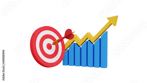 3D Target growth icon. Soaring finances. Strengthening currency. Grow business. Set goals. Target icon and bar graph with an arrow rising. 3d illustration