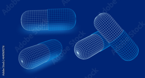 3D wireframe medical capsule pill. Low poly mesh grid model of pharmaceutical capsule, front and perspective view, isolated. Vector illustration