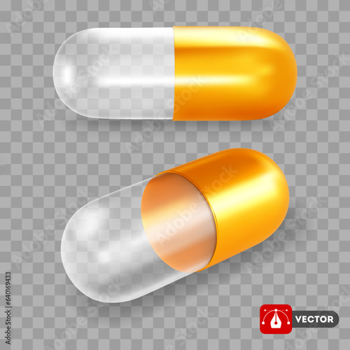 Golden and transparent empty medical capsule pill. 3d realistic, pharmaceutical capsule, front and perspective view, isolated. Vector illustration