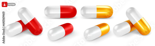 Red white and golden white medical capsule pill. 3d realistic, pharmaceutical capsule set, front and perspective view, isolated. Vector illustration