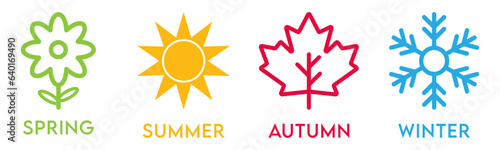 Four seasons winter spring summer autumn signs in flat style on transparent background.