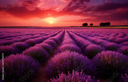 Lavender Field at Sunset with Red and Orange Sky - AI Generated
