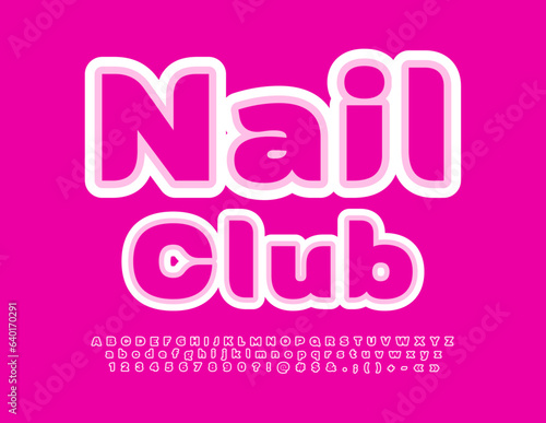 Vector artistic emblem Nail Club. Glamorous Pink Font. Elegant Alphabet Letters, Numbers and Symbols set