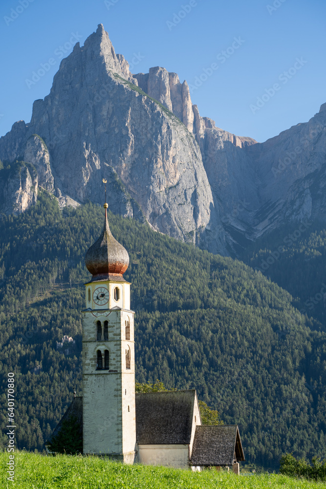 Seis am Schlern, St. Valentin Church in Dolomites, Trentino Alto Adige Italy