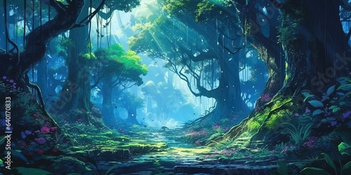 Print op canvas Fantasy landscape illustration in the forest, anime style