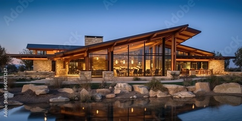 Home architecture design in Ranch Style with Indoor - outdoor living constructed by Stone and Wood
