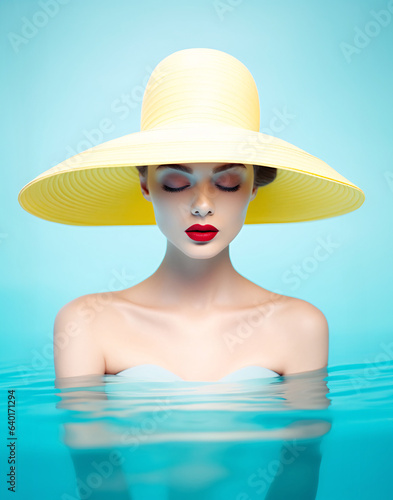 Lady in Yellow Sun Hat on Bright Blue Water - AI Generated photo