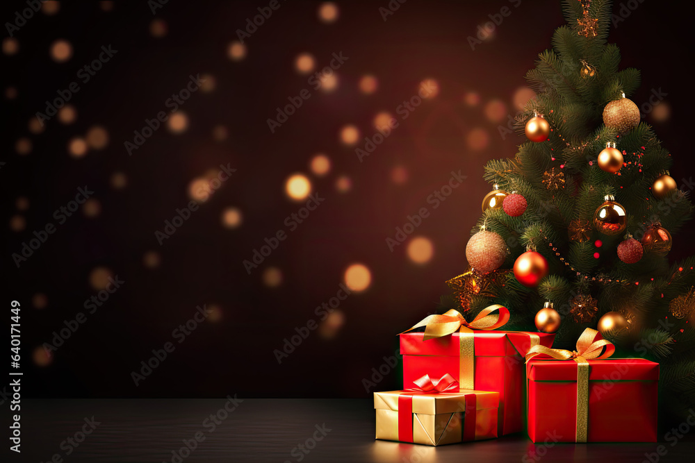 Christmas and new year background.Gift boxes and pine cones and branches on the background of bokeh garlands