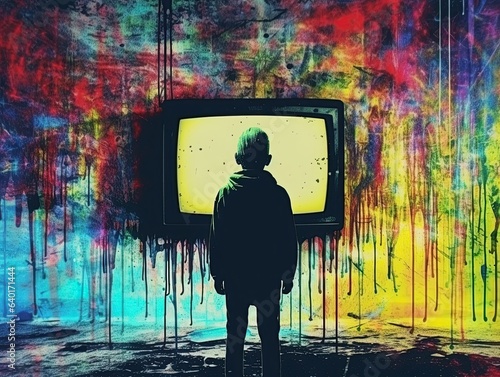 Child standing in front of 80s retro tv. Artwork poster design. Generative Ai illustration