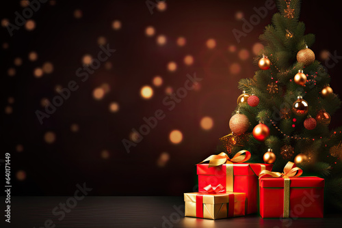 Christmas and new year background.Gift boxes and pine cones and branches on the background of bokeh garlands