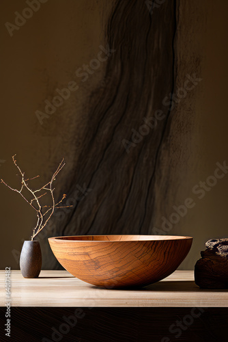 Wooden bowl sitting on top of table next to vase.