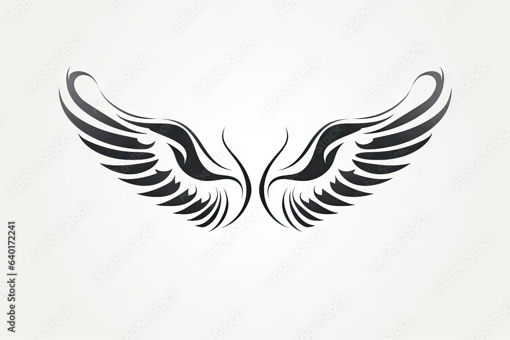 Heavenly soar. Black angelic winged on white background isolated. Eagle flight. Emblem of power and majesty. Skyward bound. Symbolic feathers in art Heavenly soar. Black angelic winged on white background isolated. Eagle flight. Emblem of power and majesty. Skyward bound. Symbolic feathers in art