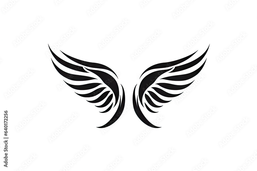 Heavenly soar. Black angelic winged on white background isolated. Eagle flight. Emblem of power and majesty. Skyward bound. Symbolic feathers in art Heavenly soar. Black angelic winged on white background isolated. Eagle flight. Emblem of power and majesty. Skyward bound. Symbolic feathers in art