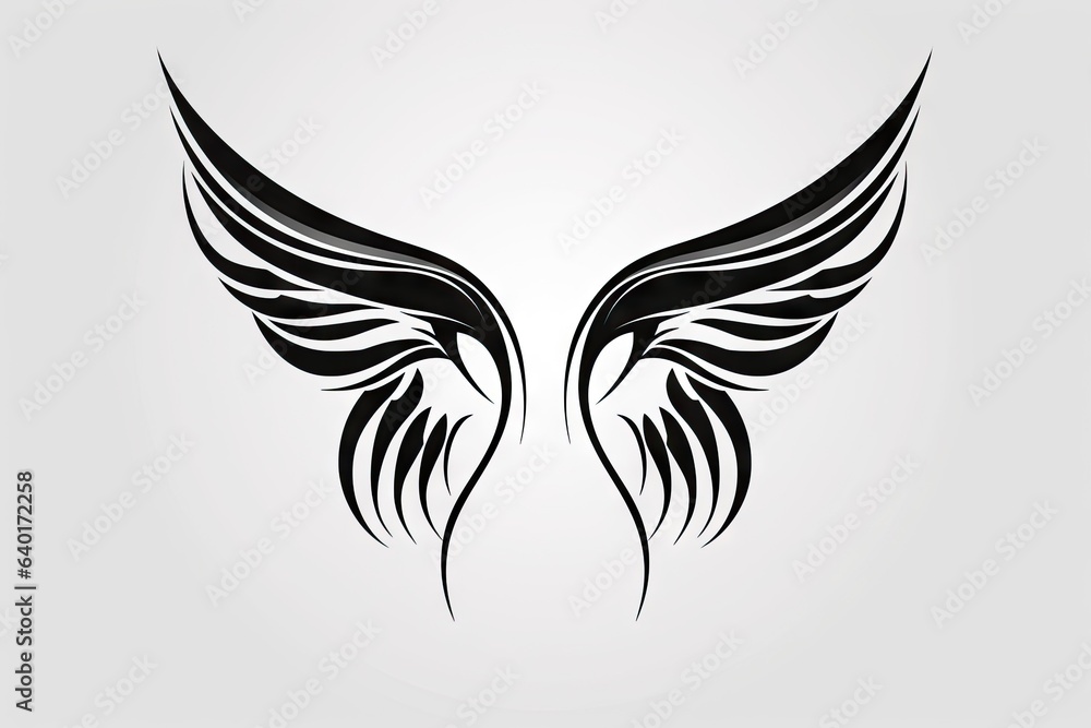 Obraz premium Heavenly soar. Black angelic winged on white background isolated. Eagle flight. Emblem of power and majesty. Skyward bound. Symbolic feathers in art
