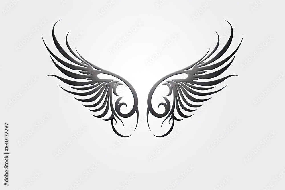 Heavenly soar. Black angelic winged on white background isolated. Eagle flight. Emblem of power and majesty. Skyward bound. Symbolic feathers in art Heavenly soar. Black angelic winged on white background isolated. Eagle flight. Emblem of power and majesty. Skyward bound. Symbolic feathers in art
