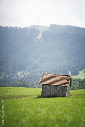 Holzhütte vor Bergpanorama in den bayerischen Alpen 