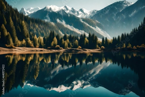 at the edge a serene lake, majestic mountains rise, their mirrored reflection creating a breathtaking panorama that merges earth and sky