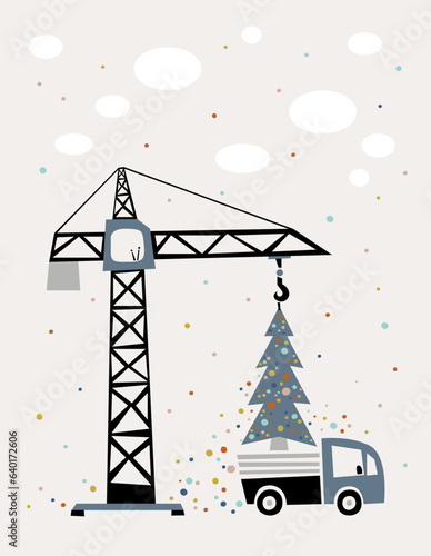 Christmas card. Rainbow construction site. Illustration of the crane loading Christmas tree on a dump truck