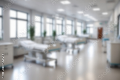 Virtueller Hintergrund f  r Videokonferenzen. Sch  ner  verschwommener Hintergrund einer hellen  modernen Krankenhauseinrichtung.