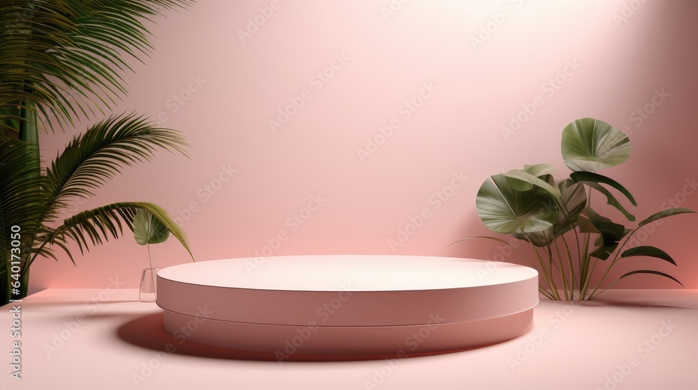 Podium in abstract soft pink room composition for product presentation with tree jungle, Generative AI Podium in abstract soft pink room composition for product presentation with tree jungle, Generative AI