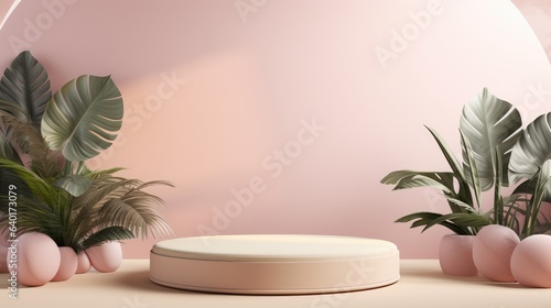 Podium in abstract soft pink room composition for product presentation with tree jungle, Generative AI