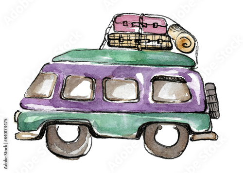 Car for autotravel. A purplish green car with four windows, a spare tire, and roof luggage tied with a rope. watercolor freehand illustration isolated on white background photo